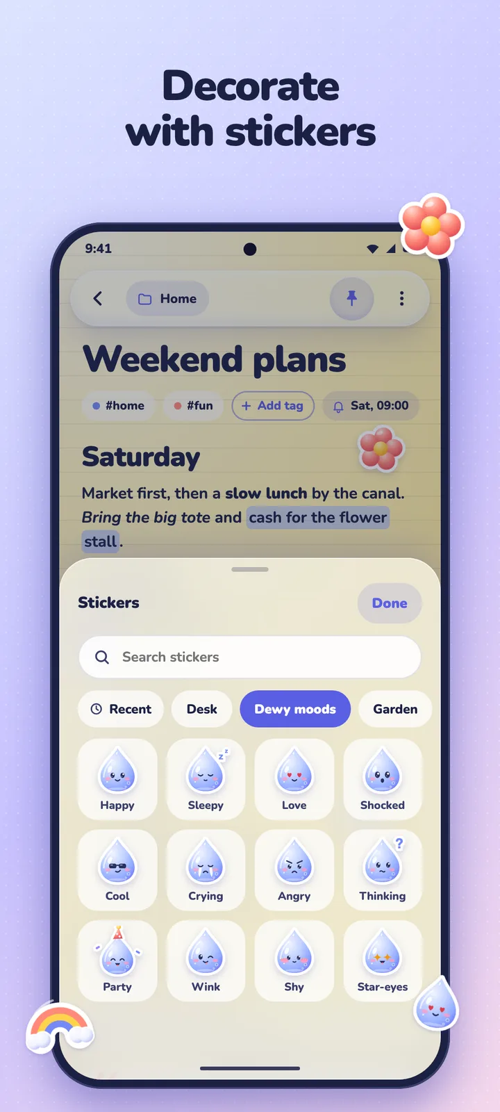 A Pebblo note decorated with stickers