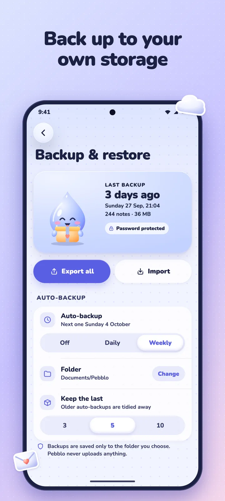 The Pebblo backup and restore screen